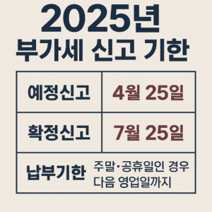 2025년 부가세 신고 기한과 납부일정을 한눈에 정리한 카드형 썸네일 이미지. 예정신고·확정신고 구분 포함.
