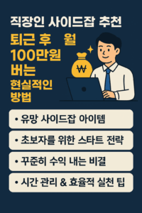 직장인 사이드잡 현실 수익 가이드 – 퇴근 후 월 100만원 목표 부업 아이템과 실천 전략을 안내하는 인포그래픽 이미지